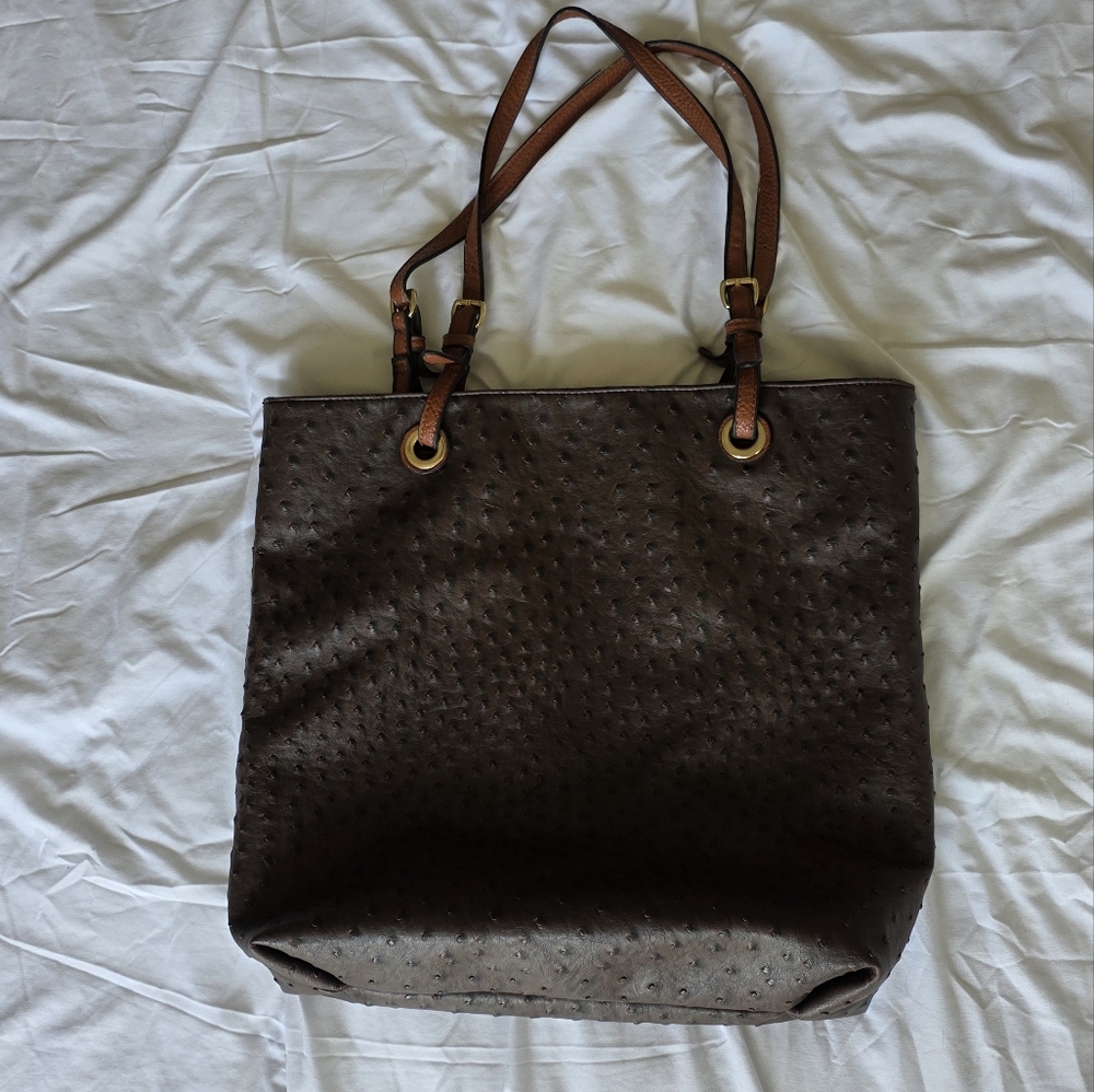 Scarleton Brown ostrich leather Tote Bag 80s Shoulder Straps Vintge Campus Chic